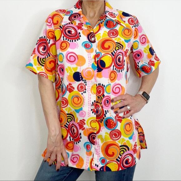 Vintage 70s Blouse Top Funky Psychedelic Button Down - Picture 1 of 9